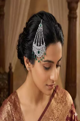 Mughal Style Jhoomar Passa | Emerald Cubic Zirconia Bridal Headpiece