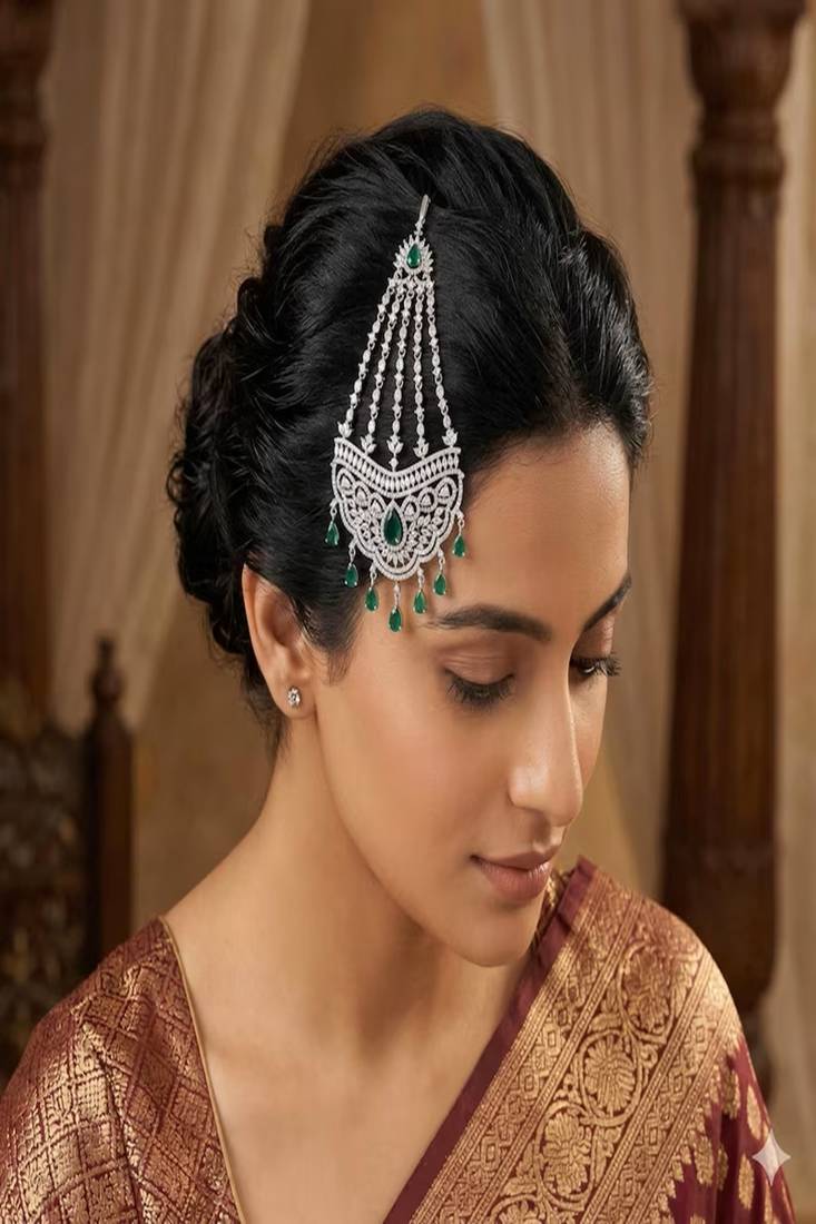 Mughal Style Jhoomar Passa | Emerald Cubic Zirconia Bridal Headpiece