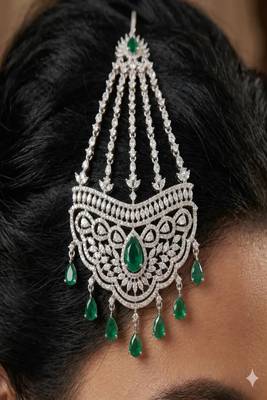 Mughal Style Jhoomar Passa | Emerald Cubic Zirconia Bridal Headpiece 2