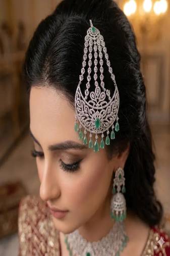 Emerald Diamond Polki Passa | Pakistani Bridal Jhumar | Silver Finish Headpiece