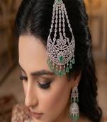 Emerald Diamond Polki Passa | Pakistani Bridal Jhumar | Silver Finish Headpiece
