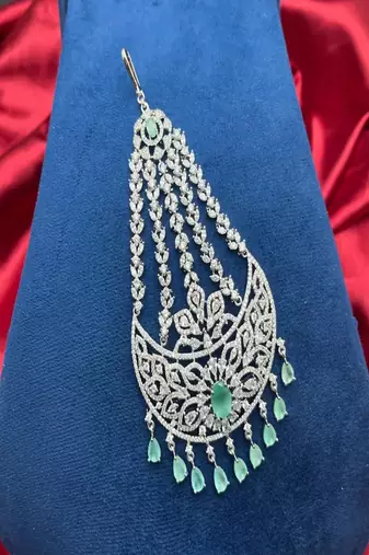 Emerald Diamond Polki Passa | Pakistani Bridal Jhumar | Silver Finish Headpiece