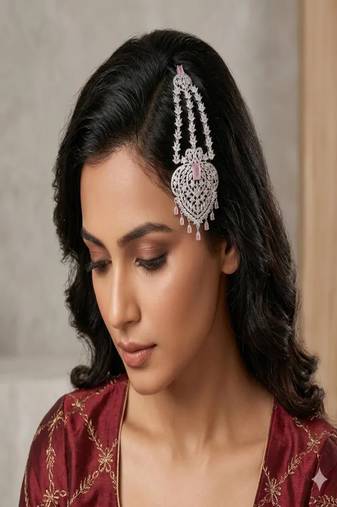 Silver Finish Pakistani Jhumar – Rose Pink Crystal Bridal Tikka