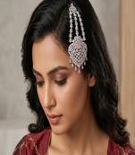 Silver Finish Pakistani Jhumar – Rose Pink Crystal Bridal Tikka