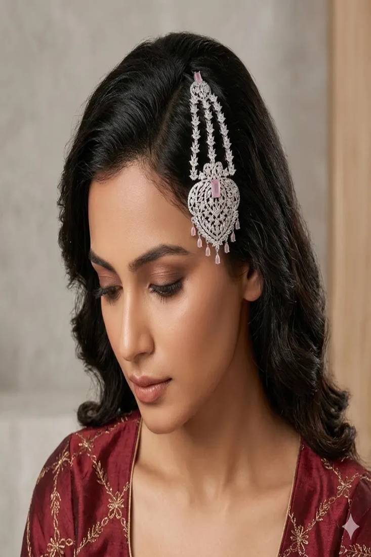 Silver Finish Pakistani Jhumar – Rose Pink Crystal Bridal Tikka
