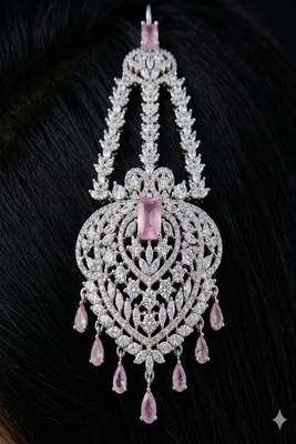 Silver Finish Pakistani Jhumar – Rose Pink Crystal Bridal Tikka 2