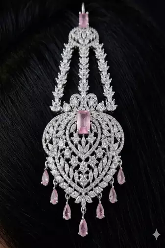 Silver Finish Pakistani Jhumar – Rose Pink Crystal Bridal Tikka