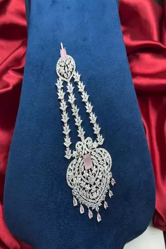 Silver Finish Pakistani Jhumar – Rose Pink Crystal Bridal Tikka