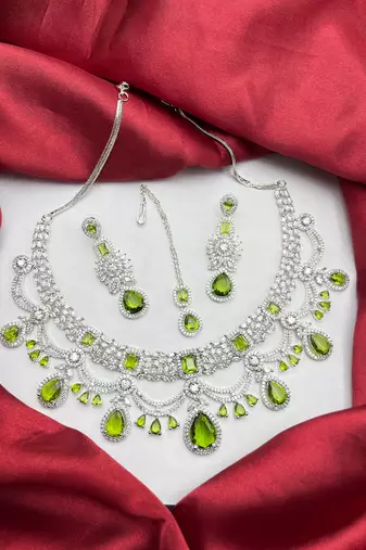 Green Stone Bridal Jewelry Set | Silver CZ Choker, Earrings, Maangtika