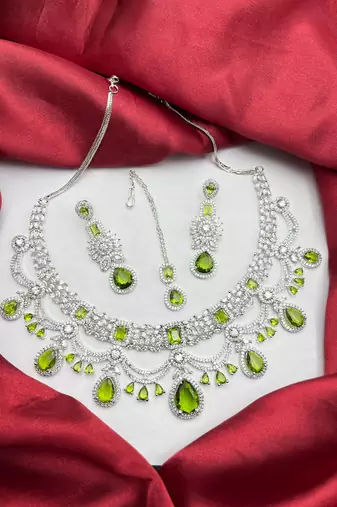 Green Stone Bridal Jewelry Set | Silver CZ Choker, Earrings, Maangtika