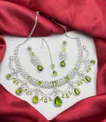 Green Stone Bridal Jewelry Set | Silver CZ Choker, Earrings, Maangtika