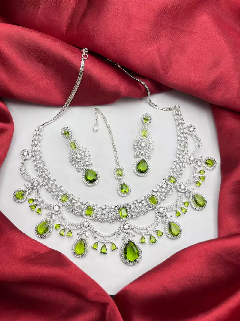 Green Stone Bridal Jewelry Set | Silver CZ Choker, Earrings, Maangtika