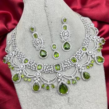 Green Stone Bridal Jewelry Set | Silver CZ Choker, Earrings, Maangtika 2