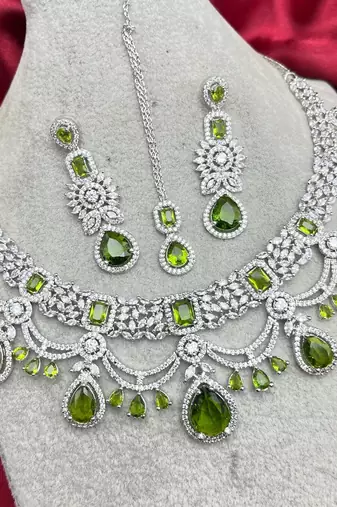 Green Stone Bridal Jewelry Set | Silver CZ Choker, Earrings, Maangtika