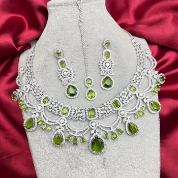 Green Stone Bridal Jewelry Set | Silver CZ Choker, Earrings, Maangtika 3