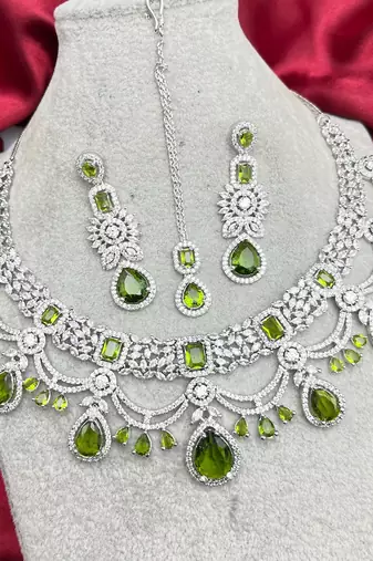Green Stone Bridal Jewelry Set | Silver CZ Choker, Earrings, Maangtika