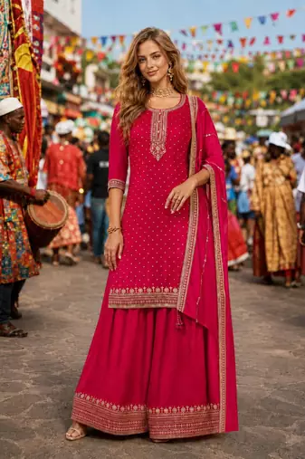 Red dola silk suit with embroidery & sequin work