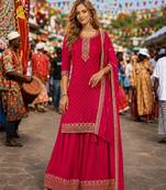 Red dola silk semi stitched suit with embroidery & sequin work