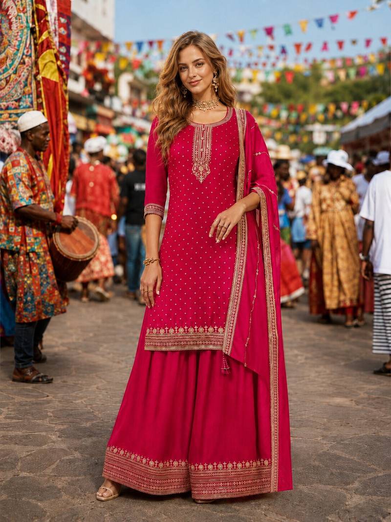 Red dola silk semi stitched suit with embroidery & sequin work