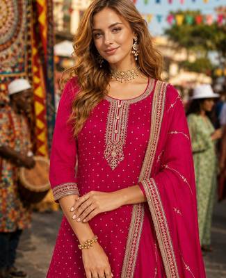 Red dola silk semi stitched suit with embroidery & sequin work 2
