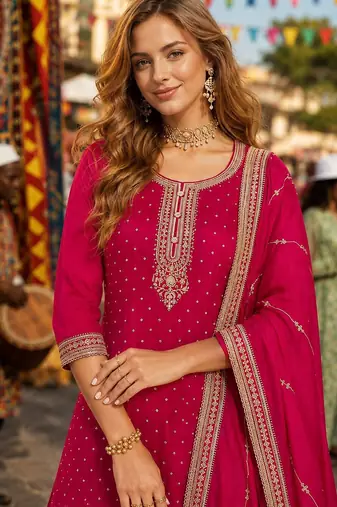 Red dola silk suit with embroidery & sequin work