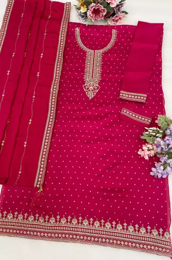 Red dola silk suit with embroidery & sequin work
