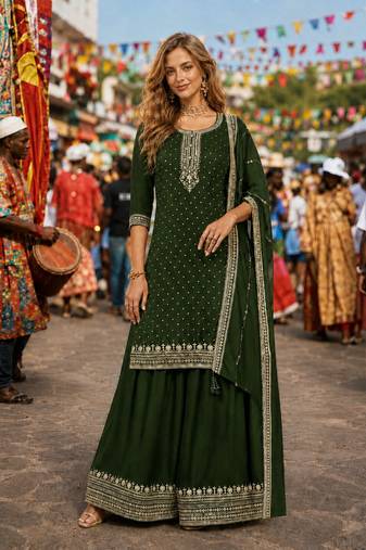 D green dola silk semi stitched suit with embroidery & sequin work