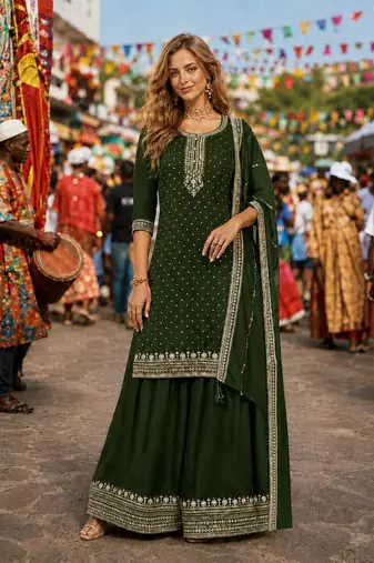 D green dola silk suit with embroidery & sequin work
