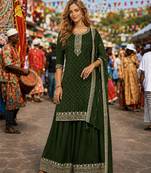 D green dola silk semi stitched suit with embroidery & sequin work
