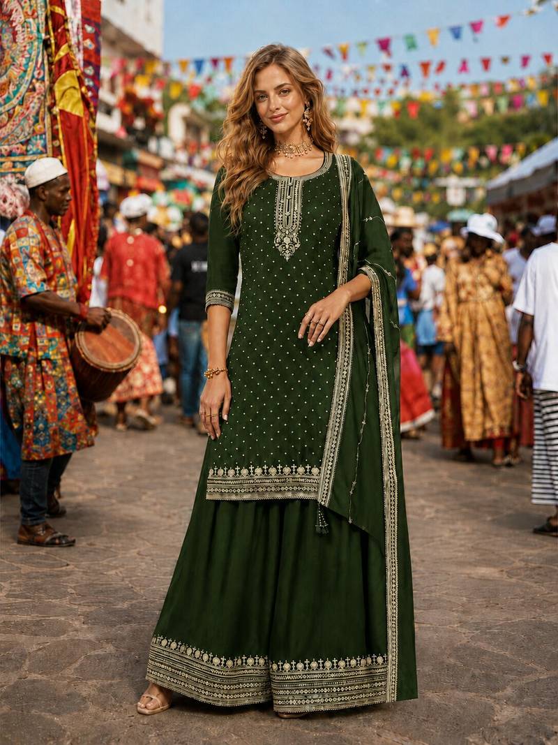 D green dola silk semi stitched suit with embroidery & sequin work