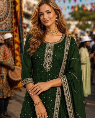 D green dola silk semi stitched suit with embroidery & sequin work 2