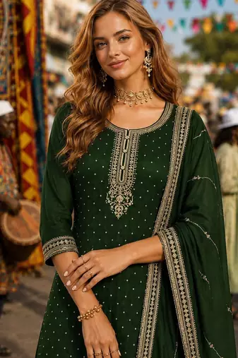 D green dola silk suit with embroidery & sequin work