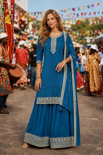 Blue dola silk semi stitched suit with embroidery & sequin work
