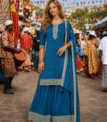 Blue dola silk semi stitched suit with embroidery & sequin work