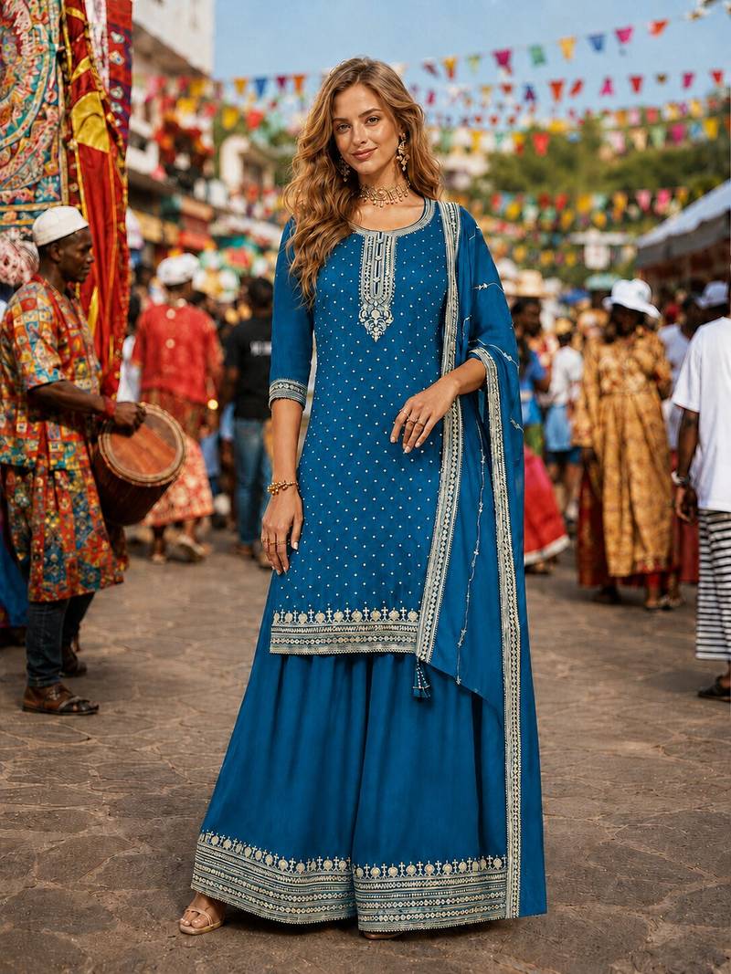 Blue dola silk semi stitched suit with embroidery & sequin work