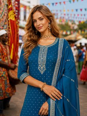 Blue dola silk semi stitched suit with embroidery & sequin work 2