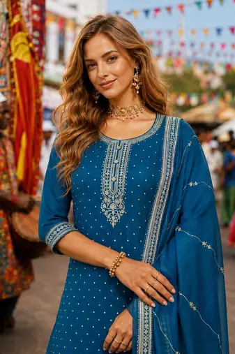 Blue dola silk suit with embroidery & sequin work
