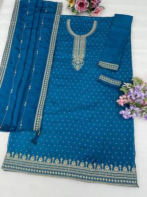 Blue dola silk semi stitched suit with embroidery & sequin work 3