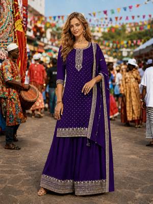Violet dola silk semi stitched suit with embroidery & sequin work 1