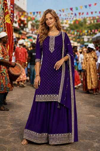 Violet dola silk semi stitched suit with embroidery & sequin work