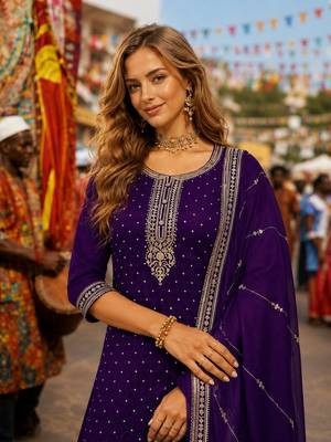 Violet dola silk semi stitched suit with embroidery & sequin work 2