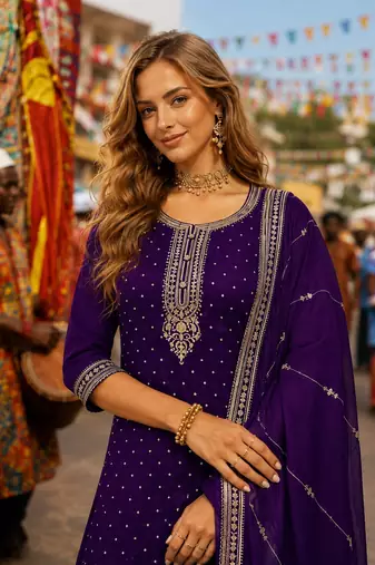 Violet dola silk semi stitched suit with embroidery & sequin work