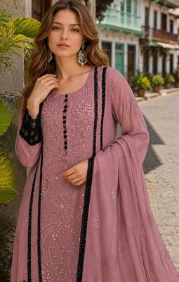 Purple organza semi stitched suit with embroidery & cut sequin work 2