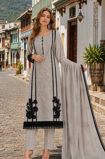 Grey organza semi stitched suit with embroidery & cut sequin work