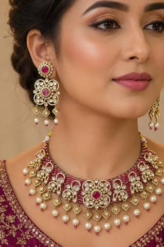 Ruby Polki Choker Necklace Set: Kundan Bridal Indian Wedding Statement Jewelry