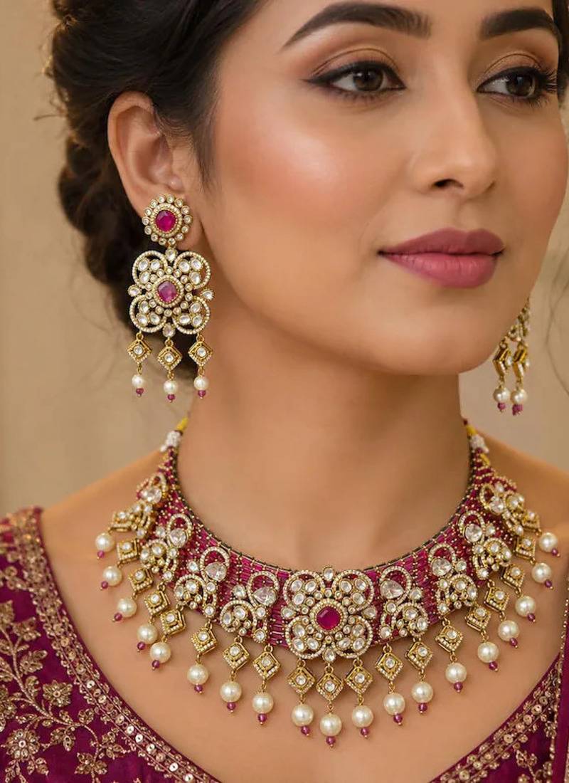 Ruby Polki Choker Necklace Set: Kundan Bridal Indian Wedding Statement Jewelry
