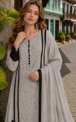 Grey organza semi stitched suit with embroidery & cut sequin work 2