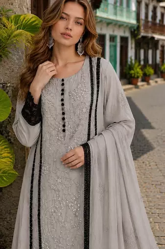 Grey organza suit with embroidery & cut sequin work