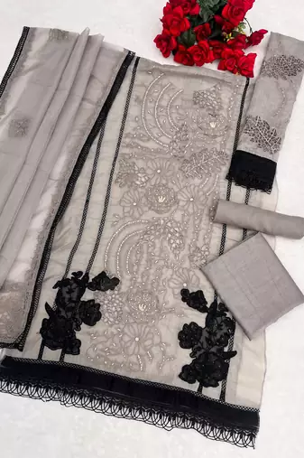 Grey organza suit with embroidery & cut sequin work