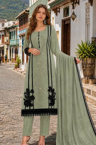 Mehendi organza semi stitched suit with embroidery & cut sequin work